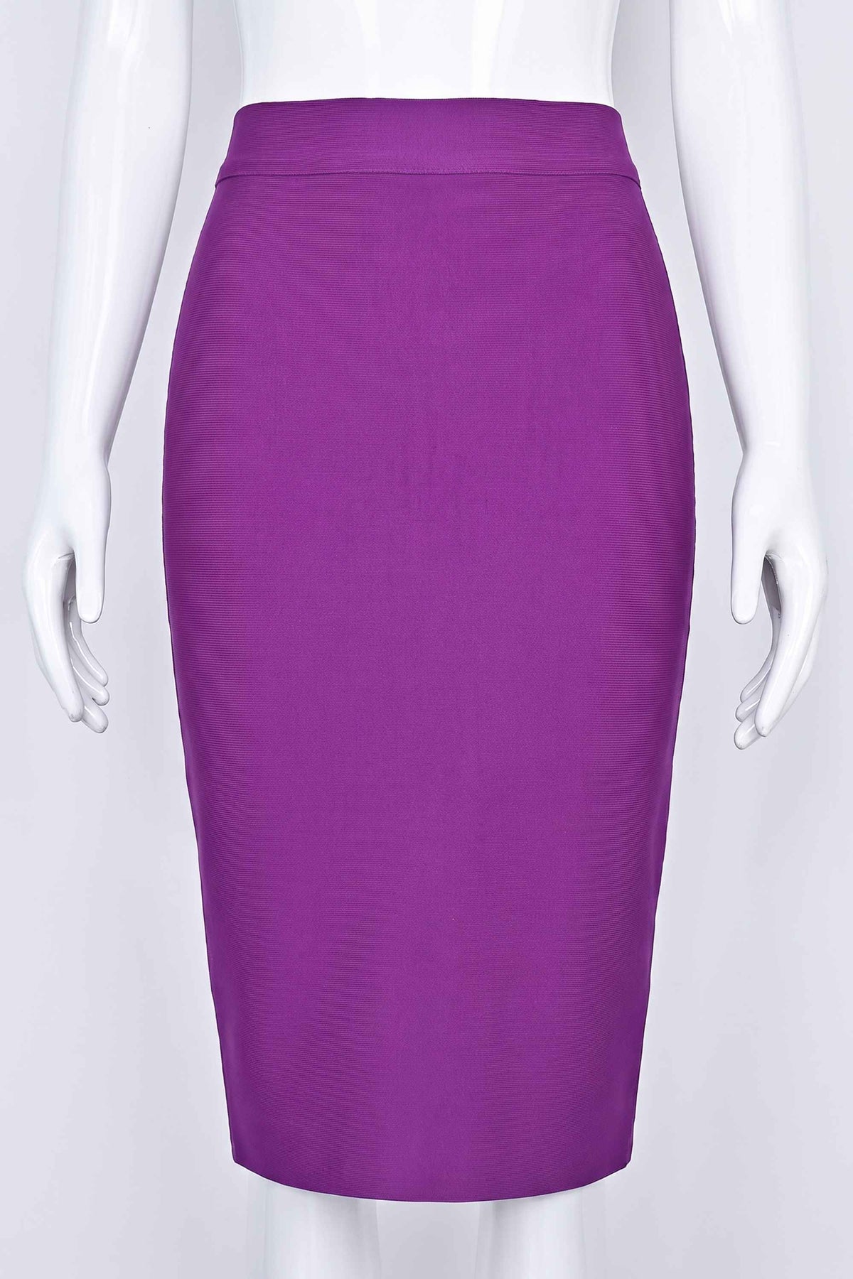 Woman wearing a figure flattering Pencil High Waist Bandage Knee Length Skirt - Plum Purple BODYCON COLLECTION