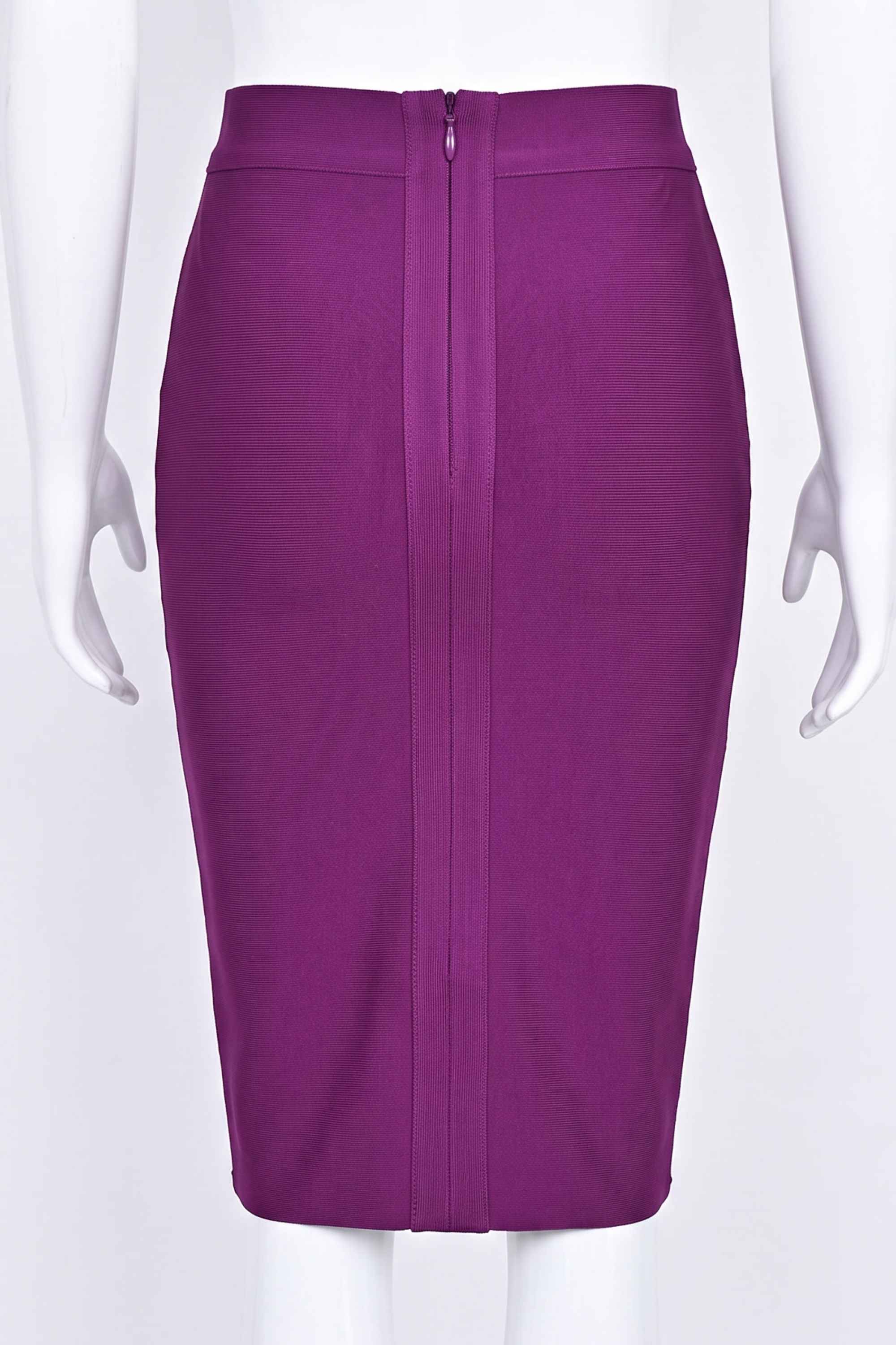 Woman wearing a figure flattering Pencil High Waist Bandage Knee Length Skirt - Plum Purple BODYCON COLLECTION