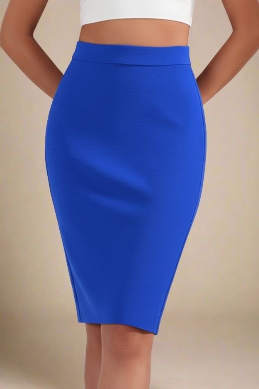 Woman wearing a figure flattering Pencil High Waist Bandage Knee Length Skirt - Royal Blue BODYCON COLLECTION