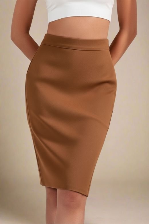Woman wearing a figure flattering Pencil High Waist Bandage Knee Length Skirt - Tan Brown BODYCON COLLECTION