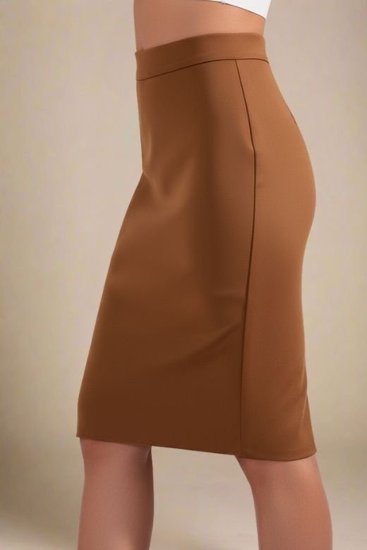 Woman wearing a figure flattering Pencil High Waist Bandage Knee Length Skirt - Tan Brown BODYCON COLLECTION