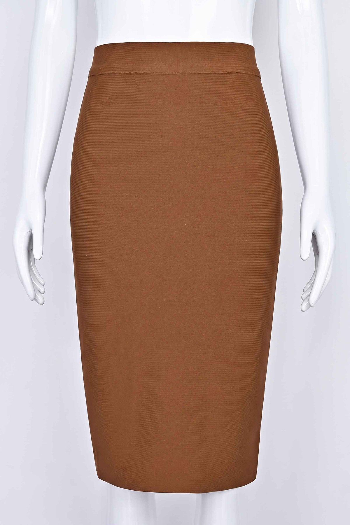 Woman wearing a figure flattering Pencil High Waist Bandage Knee Length Skirt - Tan Brown BODYCON COLLECTION