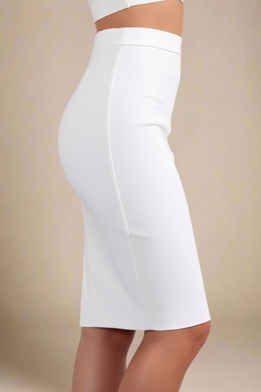 Woman wearing a figure flattering Pencil High Waist Bandage Knee Length Skirt - White Pearl BODYCON COLLECTION