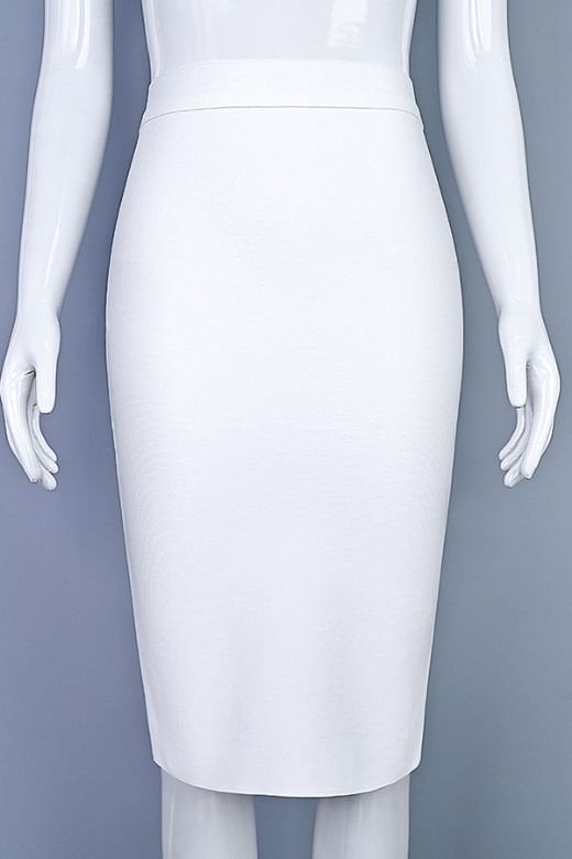 Woman wearing a figure flattering Pencil High Waist Bandage Knee Length Skirt - White Pearl BODYCON COLLECTION