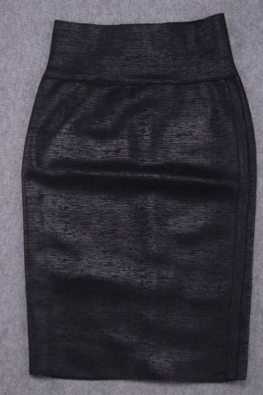 Woman wearing a figure flattering Pencil High Waist Bandage Metallic Midi Skirt - Classic Black BODYCON COLLECTION