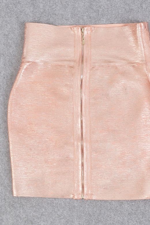 Woman wearing a figure flattering Pencil High Waist Bandage Metallic Mini Skirt - Baby Pink BODYCON COLLECTION
