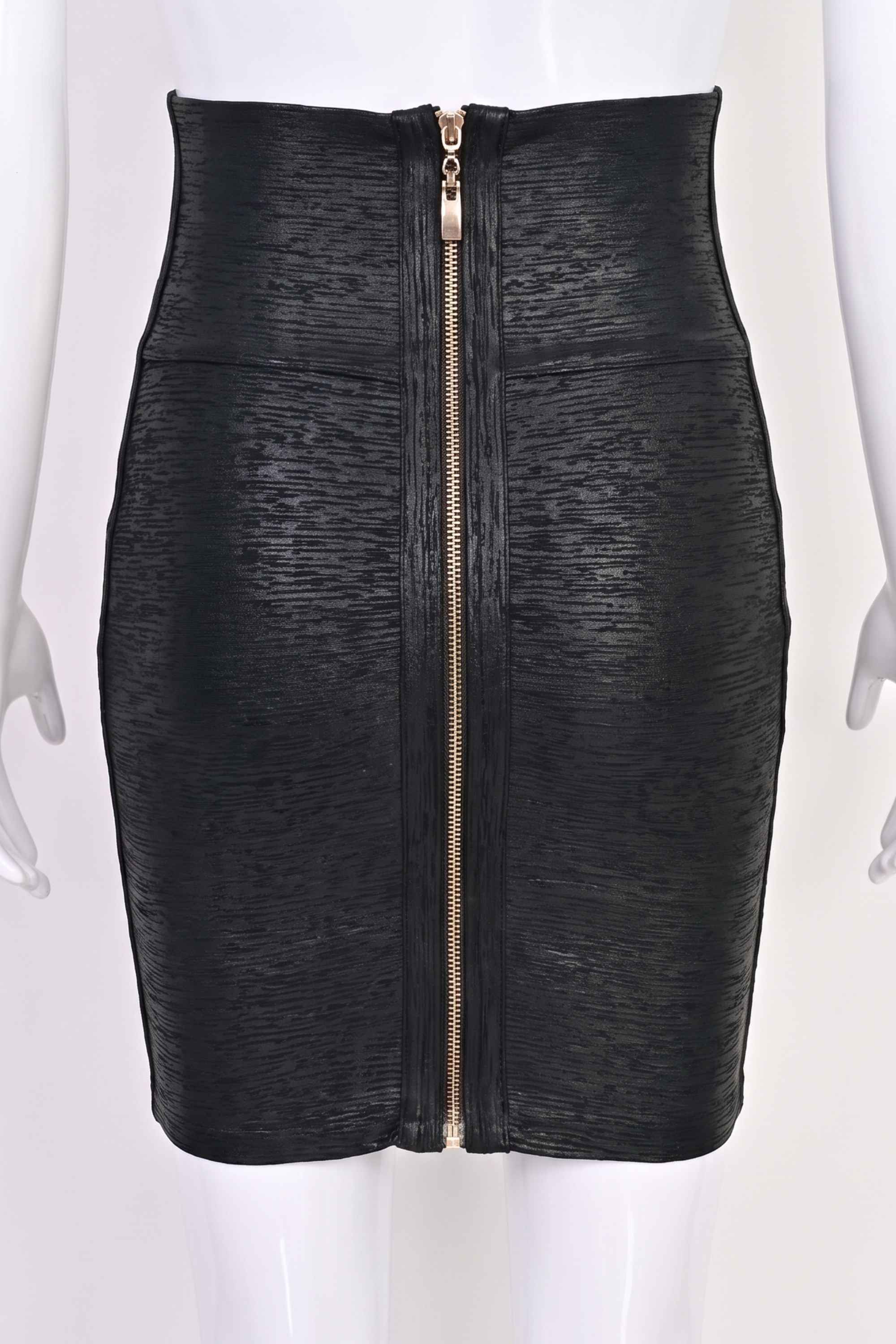 Woman wearing a figure flattering Pencil High Waist Bandage Metallic Mini Skirt - Classic Black BODYCON COLLECTION