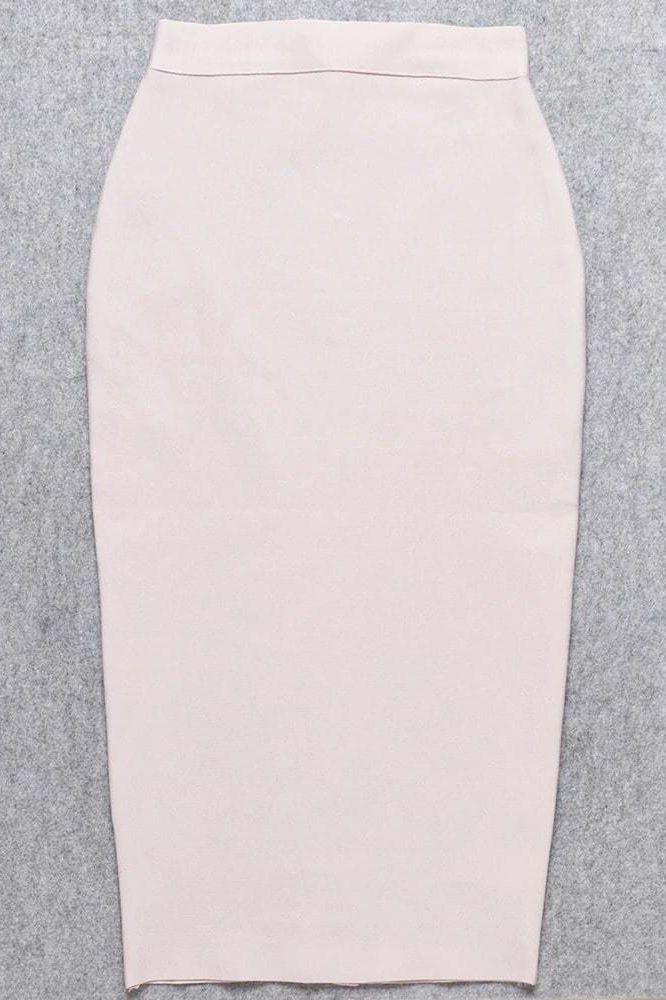 Woman wearing a figure flattering Pencil High Waist Bandage Midi Skirt - Cream BODYCON COLLECTION