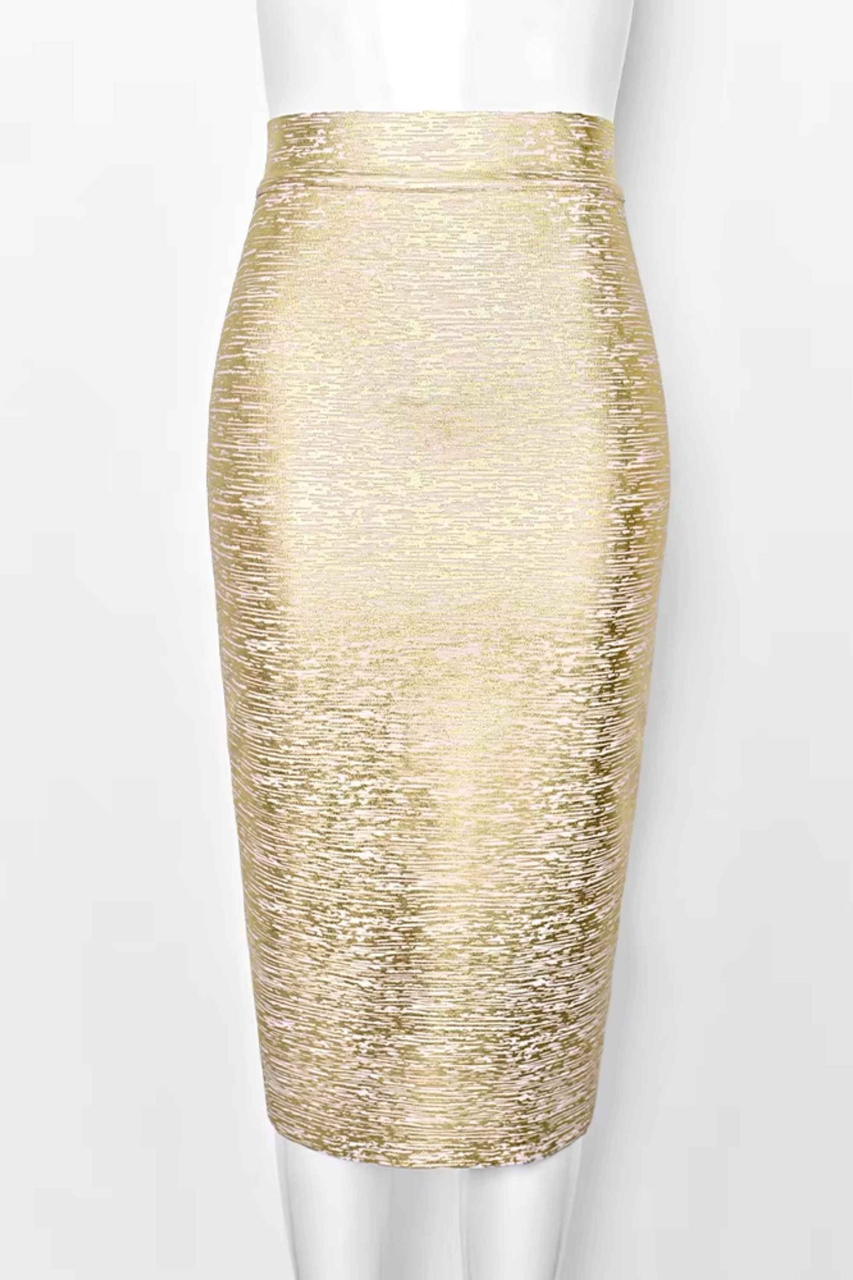 Woman wearing a figure flattering Pencil High Waist Bandage Midi Skirt - Gold BODYCON COLLECTION