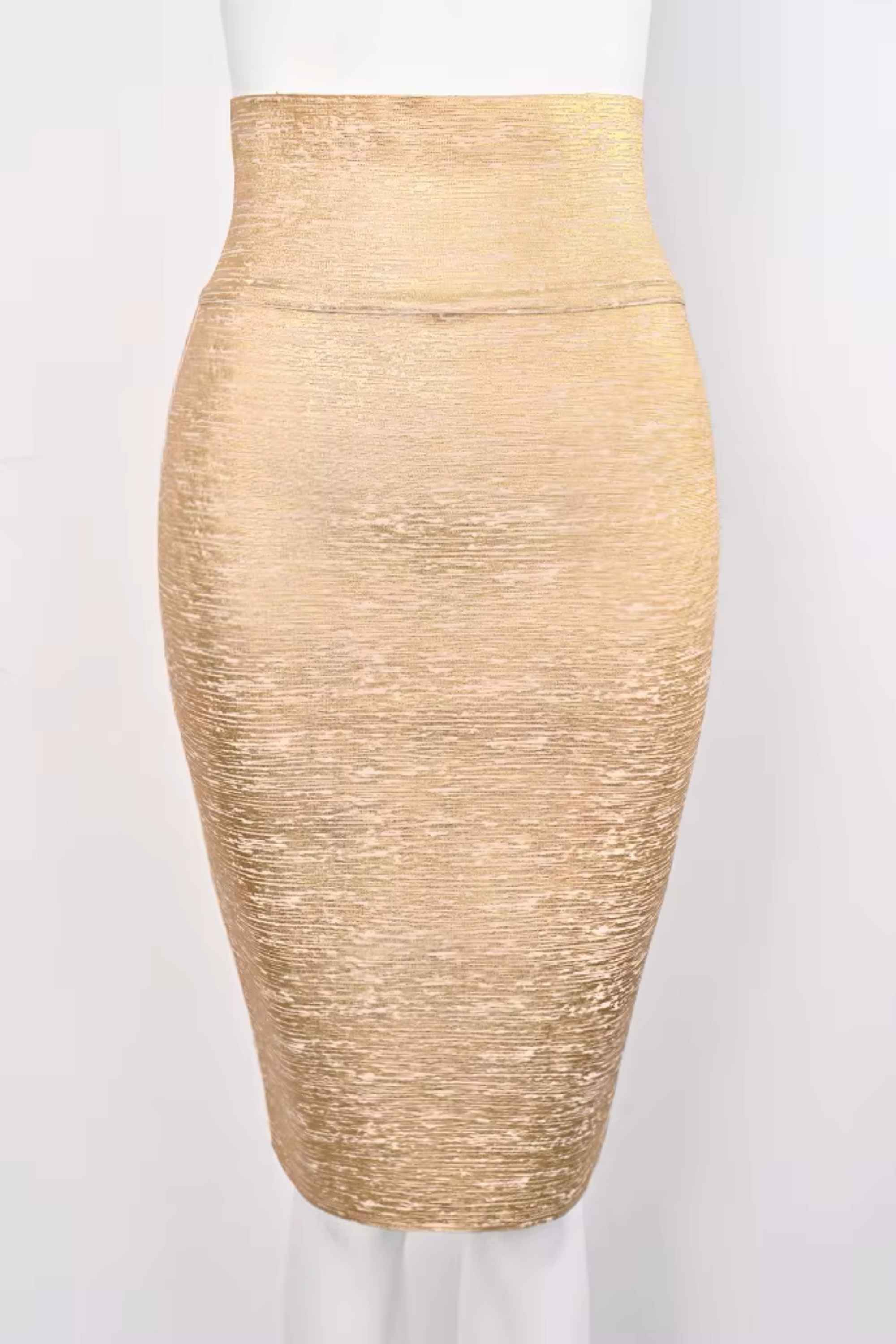 Woman wearing a figure flattering Pencil High Waist Bandage Midi Skirt - Gold BODYCON COLLECTION