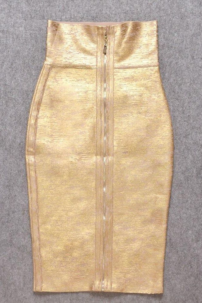 Woman wearing a figure flattering Pencil High Waist Bandage Midi Skirt - Gold BODYCON COLLECTION