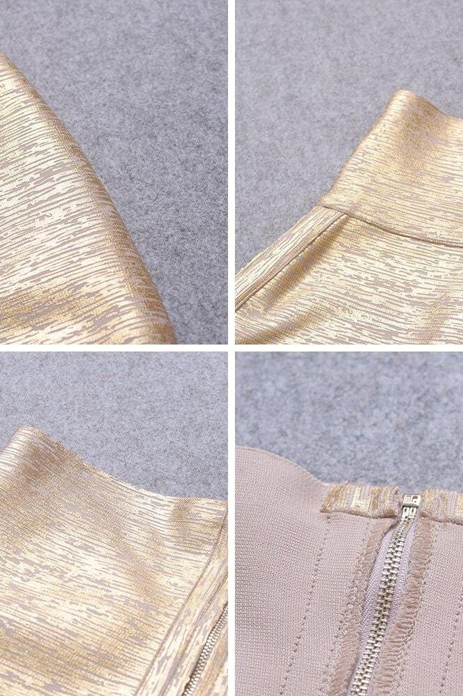 Woman wearing a figure flattering Pencil High Waist Bandage Midi Skirt - Gold BODYCON COLLECTION