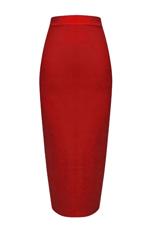 Woman wearing a figure flattering Pencil High Waist Bandage Midi Skirt - Lipstick Red BODYCON COLLECTION