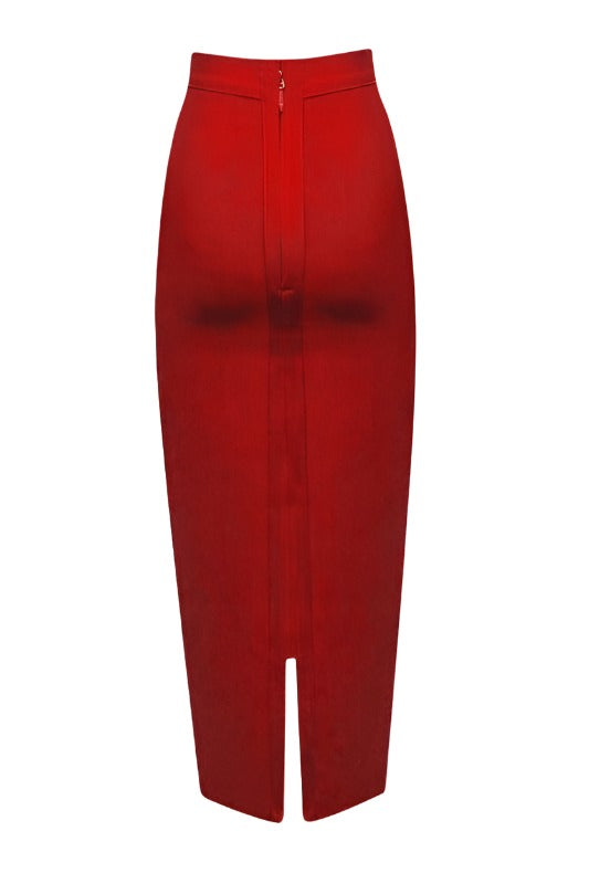 Woman wearing a figure flattering Pencil High Waist Bandage Midi Skirt - Lipstick Red BODYCON COLLECTION