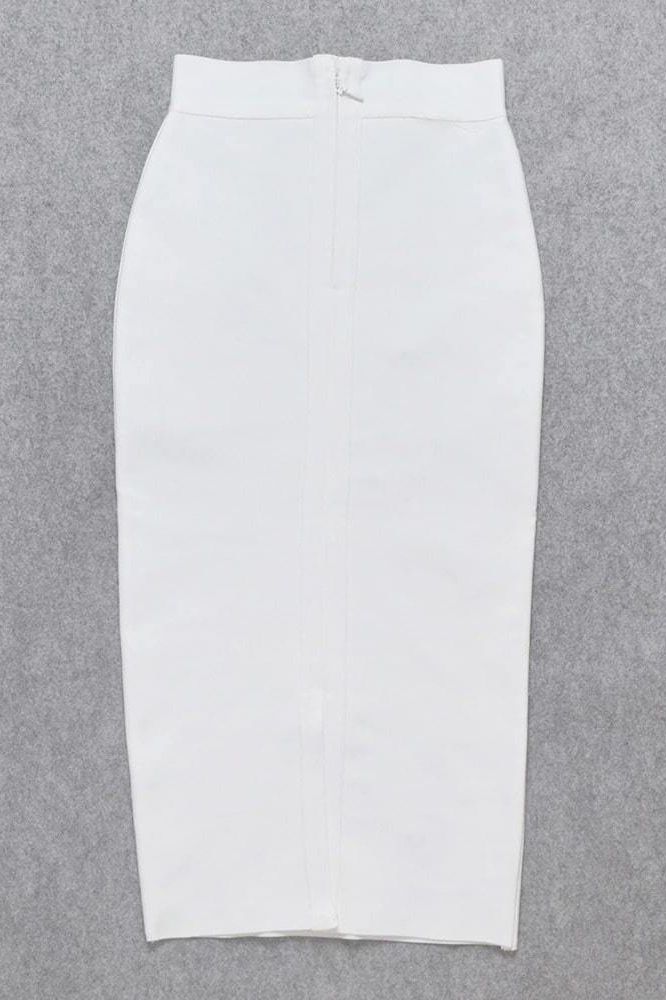 Woman wearing a figure flattering Pencil High Waist Bandage Midi Skirt - Pearl White BODYCON COLLECTION