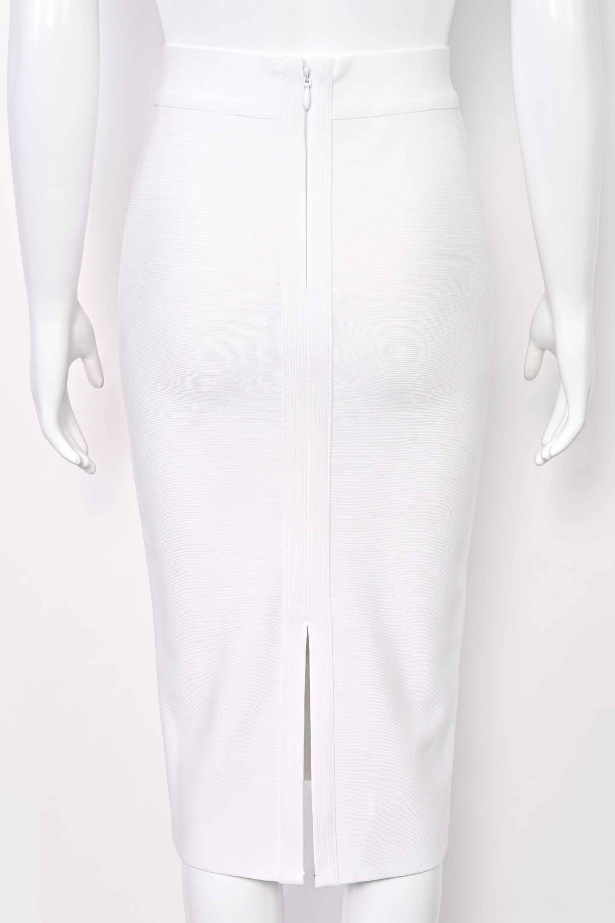 Woman wearing a figure flattering Pencil High Waist Bandage Midi Skirt - Pearl White BODYCON COLLECTION