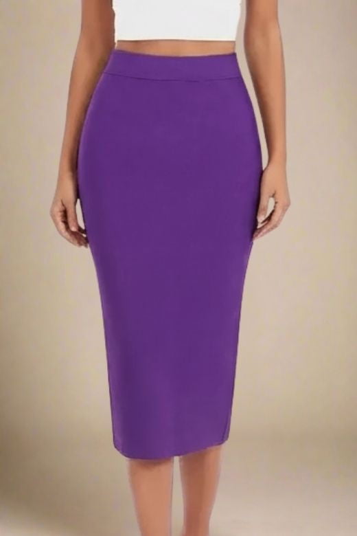 Woman wearing a figure flattering Pencil High Waist Bandage Midi Skirt - Plum Purple BODYCON COLLECTION
