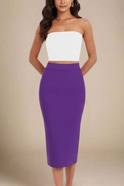 Woman wearing a figure flattering Pencil High Waist Bandage Midi Skirt - Plum Purple BODYCON COLLECTION