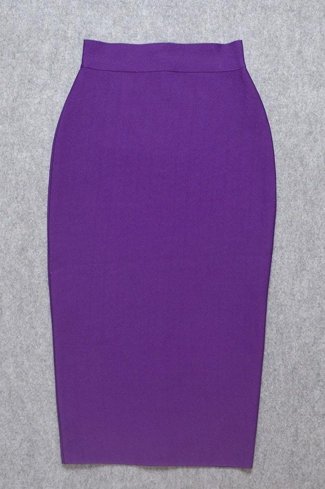 Woman wearing a figure flattering Pencil High Waist Bandage Midi Skirt - Plum Purple BODYCON COLLECTION