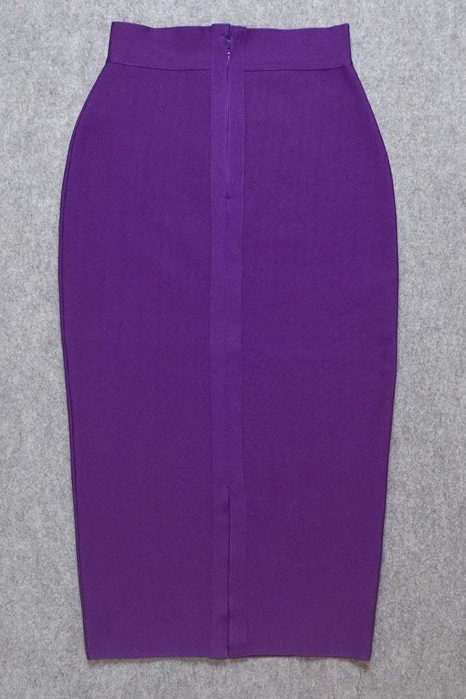 Woman wearing a figure flattering Pencil High Waist Bandage Midi Skirt - Plum Purple BODYCON COLLECTION
