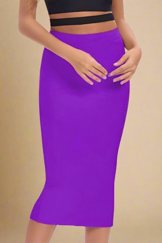 Woman wearing a figure flattering Pencil High Waist Bandage Midi Skirt - Plum Purple BODYCON COLLECTION