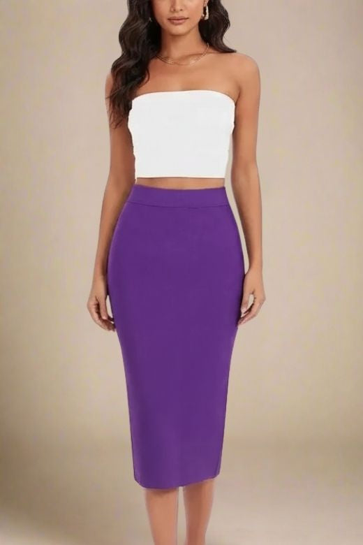 Woman wearing a figure flattering Pencil High Waist Bandage Midi Skirt - Plum Purple BODYCON COLLECTION