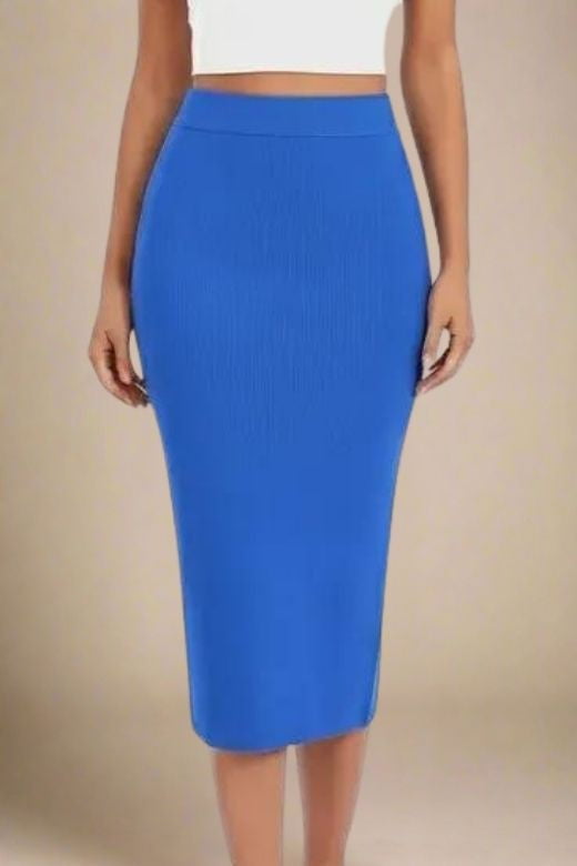 Woman wearing a figure flattering Pencil High Waist Bandage Midi Skirt - Royal Blue BODYCON COLLECTION