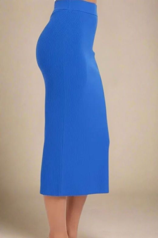 Woman wearing a figure flattering Pencil High Waist Bandage Midi Skirt - Royal Blue BODYCON COLLECTION