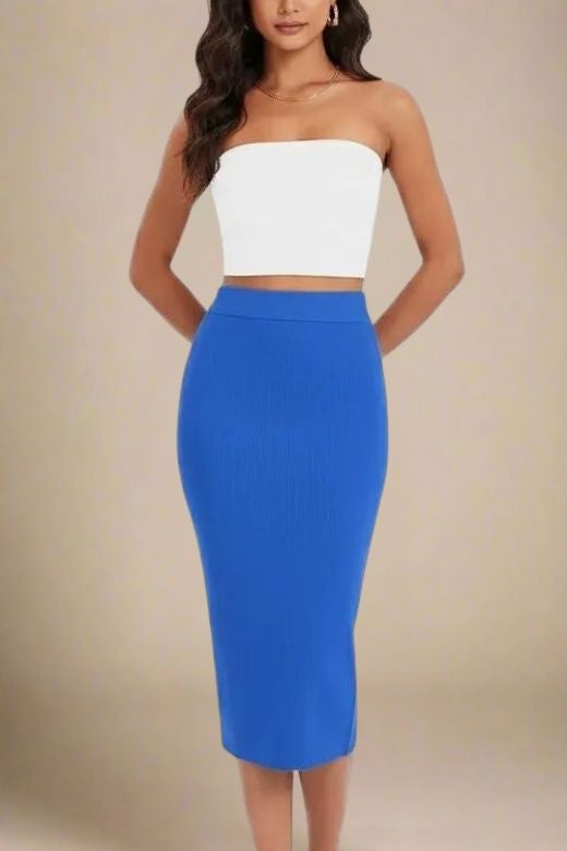 Woman wearing a figure flattering Pencil High Waist Bandage Midi Skirt - Royal Blue BODYCON COLLECTION