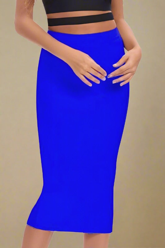 Woman wearing a figure flattering Pencil High Waist Bandage Midi Skirt - Royal Blue BODYCON COLLECTION