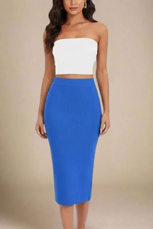 Woman wearing a figure flattering Pencil High Waist Bandage Midi Skirt - Royal Blue BODYCON COLLECTION