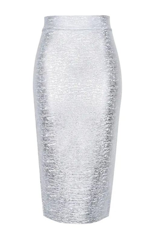 Woman wearing a figure flattering Pencil High Waist Leather Metallic Midi Skirt - Silver BODYCON COLLECTION