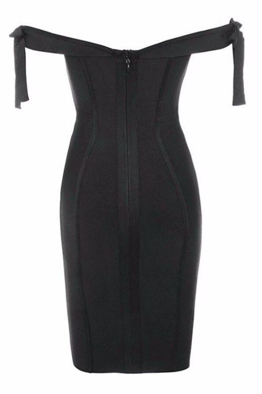 Woman wearing a figure flattering Penelope Bandage Mini Dress - Classic Black BODYCON COLLECTION