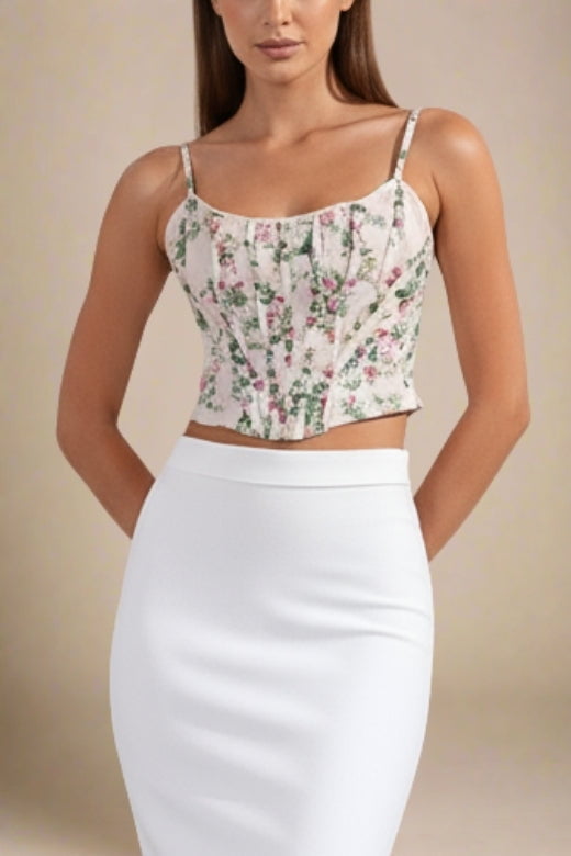 Woman wearing a figure flattering Penny Top - Beige Cream BODYCON COLLECTION Pty Ltd