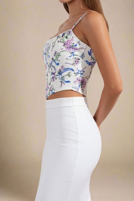 Woman wearing a figure flattering Penny Top - White Floral BODYCON COLLECTION Pty Ltd