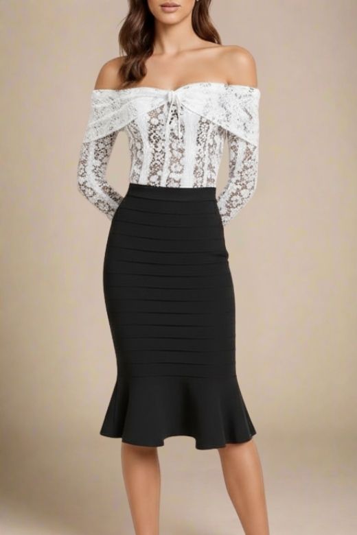 Woman wearing a figure flattering Peplum High Waist Bandage Midi Skirt - Classic Black BODYCON COLLECTION