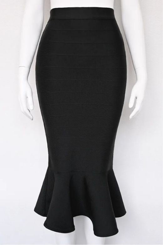 Woman wearing a figure flattering Peplum High Waist Bandage Midi Skirt - Classic Black BODYCON COLLECTION