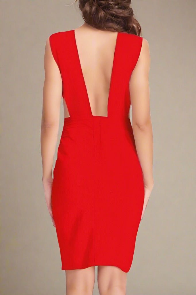 Woman wearing a figure flattering Pia Bandage Dress - Lipstick Red BODYCON COLLECTION
