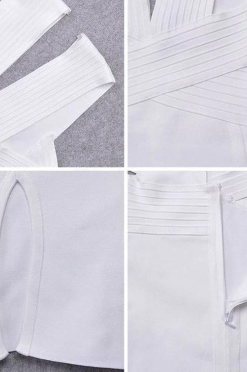 Woman wearing a figure flattering Pia Bandage Dress - Pearl White BODYCON COLLECTION