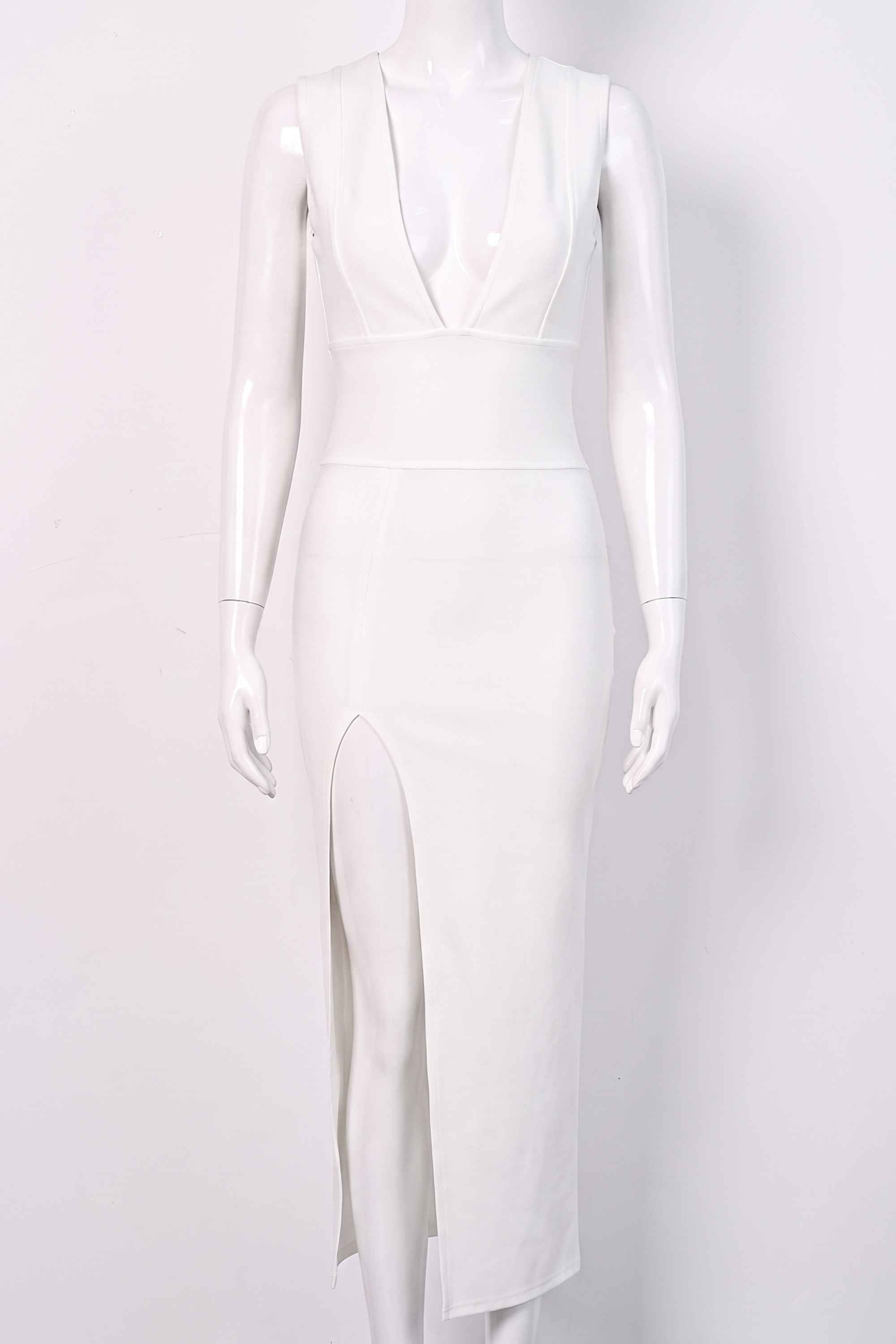 Woman wearing a figure flattering Pia Bandage Midi Dress - White Pearl BODYCON COLLECTION