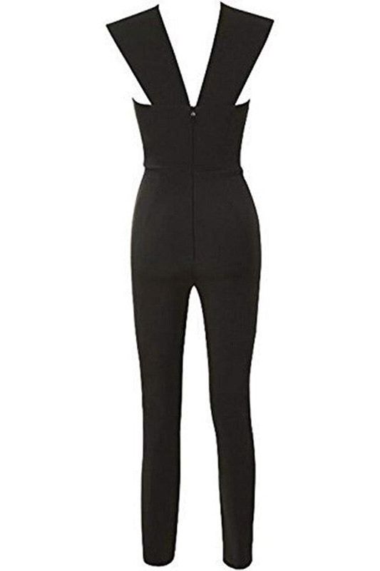 Woman wearing a figure flattering Pia Bandage Pants Jumpsuit - Classic Black BODYCON COLLECTION