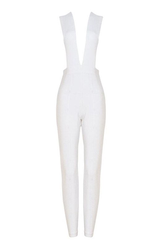 Woman wearing a figure flattering  Pia Bandage Pants Jumpsuit - Pearl White BODYCON COLLECTION