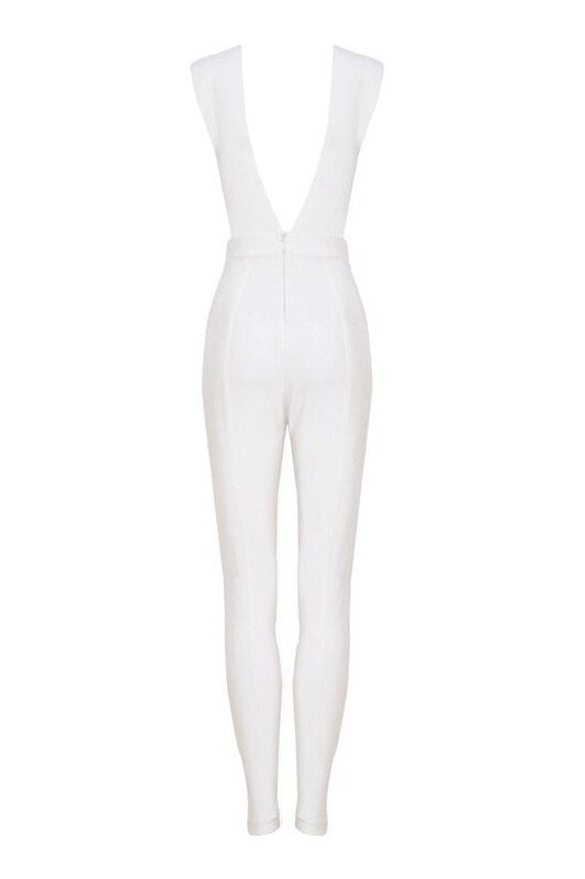 Woman wearing a figure flattering Pia Bandage Pants Jumpsuit - Pearl White BODYCON COLLECTION
