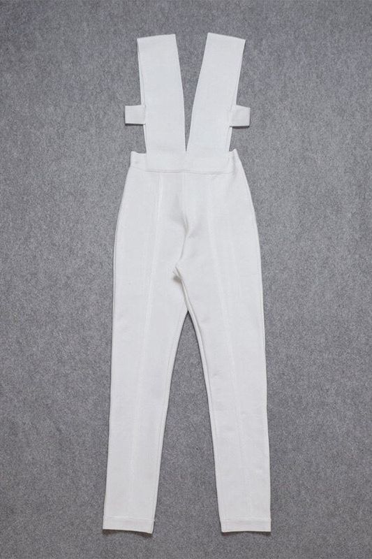 Woman wearing a figure flattering Pia Bandage Pants Jumpsuit - Pearl White BODYCON COLLECTION