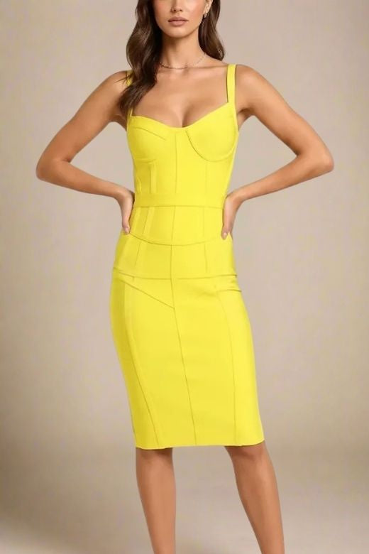 Woman wearing a figure flattering Pip Bandage Corset Dress - Sun Yellow Bodycon Collection