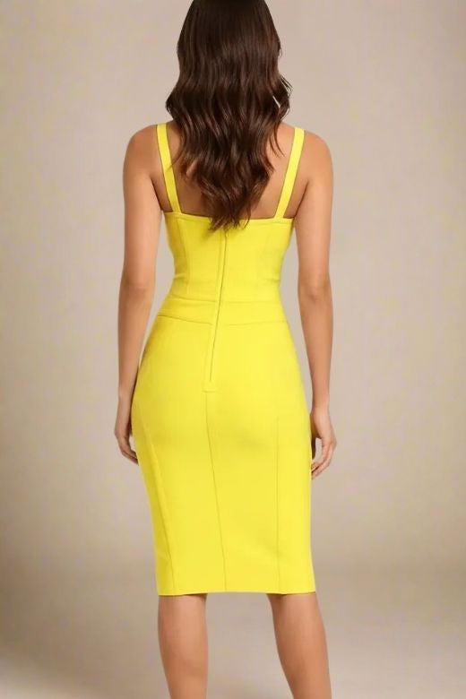 Woman wearing a figure flattering Pip Bandage Corset Dress - Sun Yellow Bodycon Collection