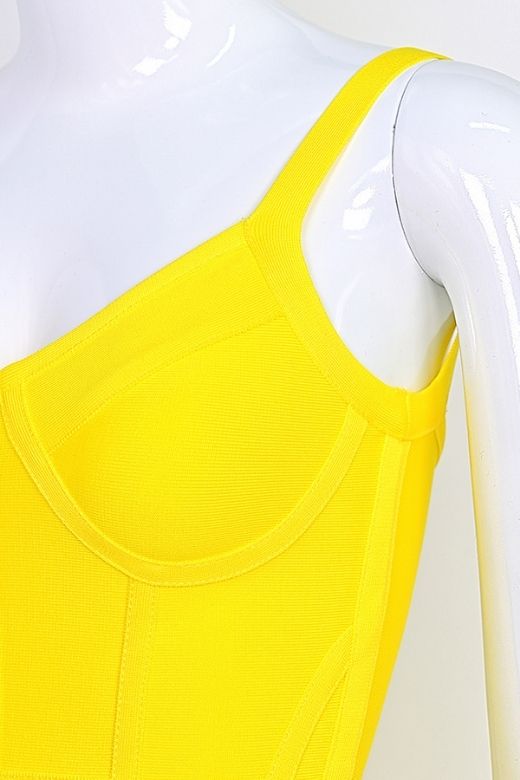 Woman wearing a figure flattering Pip Bandage Mini Dress - Sun Yellow BODYCON COLLECTION