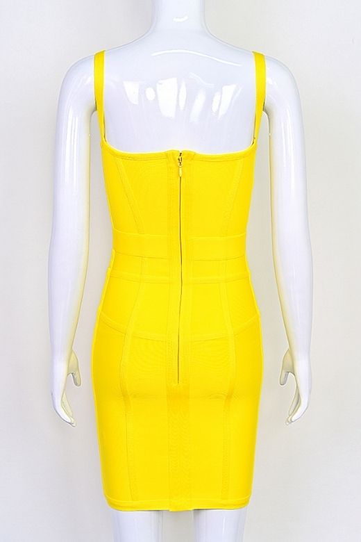 Woman wearing a figure flattering Pip Bandage Mini Dress - Sun Yellow BODYCON COLLECTION