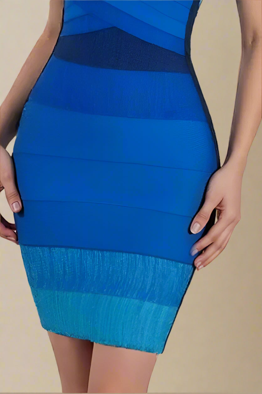 Woman wearing a figure flattering Portia Bandage Mini Dress - Royal Blue BODYCON COLLECTION Pty Ltd