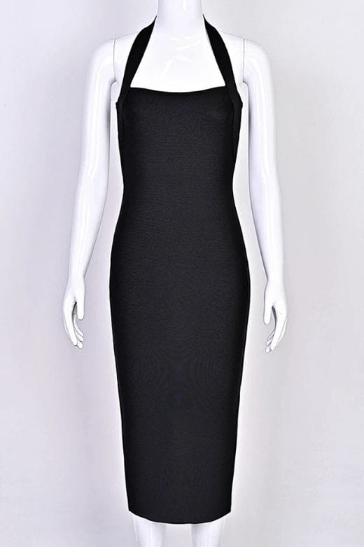 Woman wearing a figure flattering Raya Bodycon Midi Dress - Classic Black BODYCON COLLECTION Pty Ltd